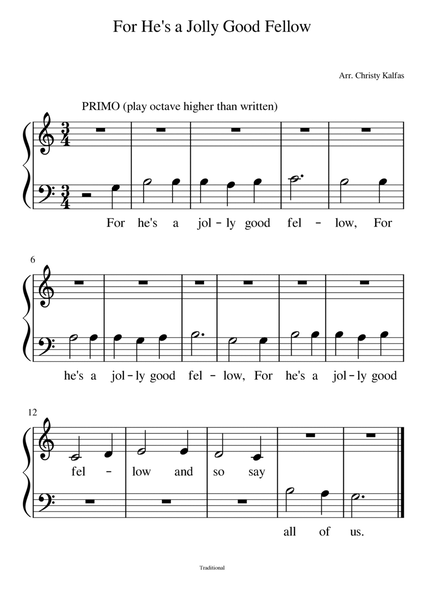 For He's a Jolly Good Fellow - easy piano duet (5 finger middle C position)