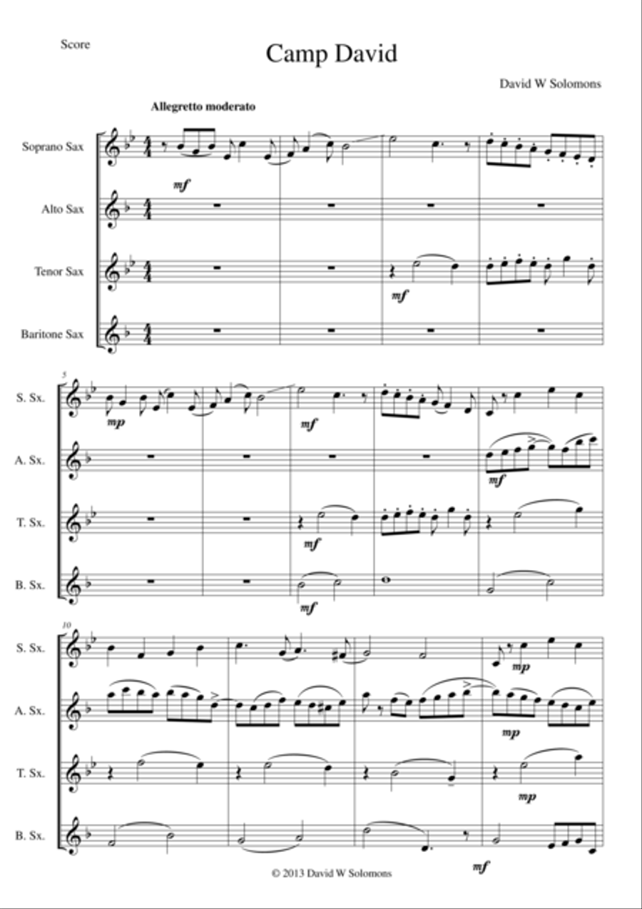 Camp David for saxophone quartet Saxophone Quartet scores gallery preview page 1