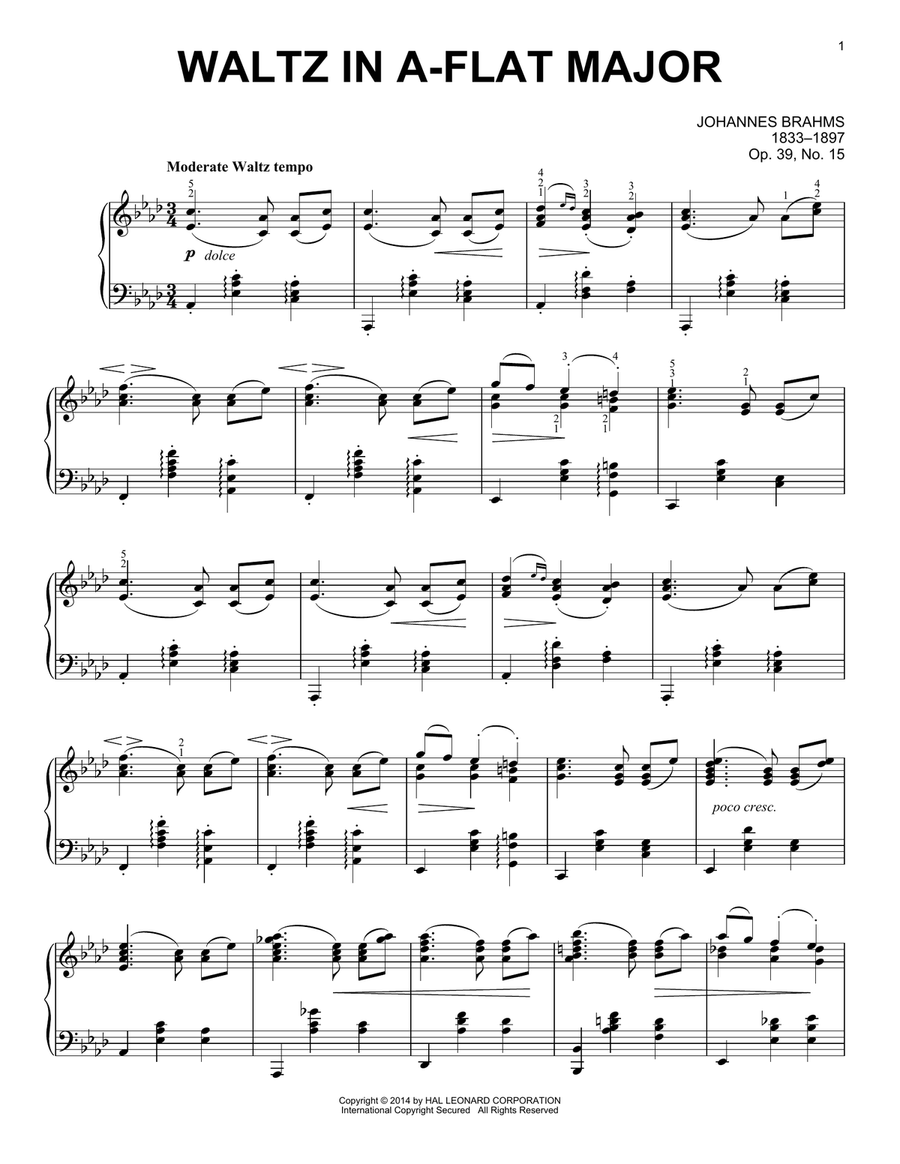 Waltz In A-Flat Major, Op. 39, No. 15 Piano Solo scores gallery preview page 1