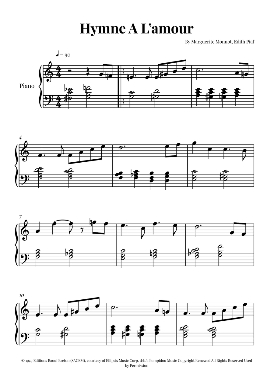Hymne A L'amour Piano Solo scores gallery preview page 1