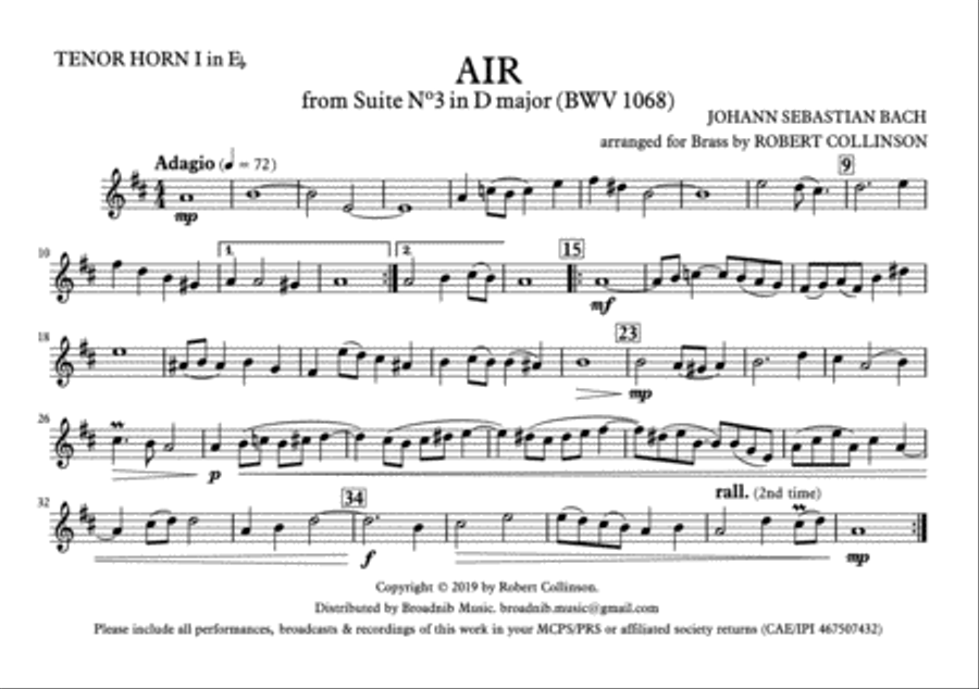 AIR FROM SUITE IN D (BWV 1068) (Bach) - March card parts (A5) only Brass Ensemble scores gallery preview page 5