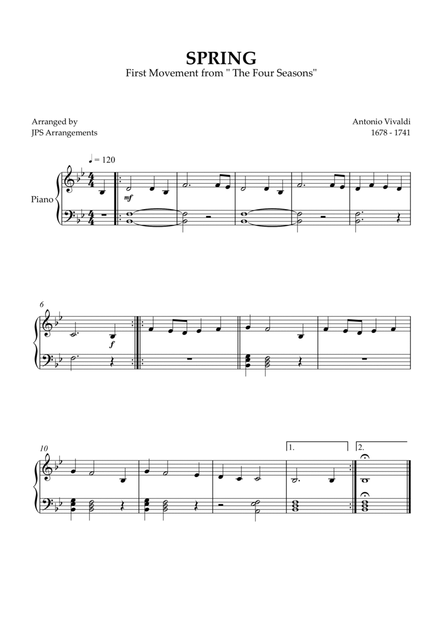 Spring - The Four Seasons for Easy Piano (B Major ) Easy Piano scores gallery preview page 1