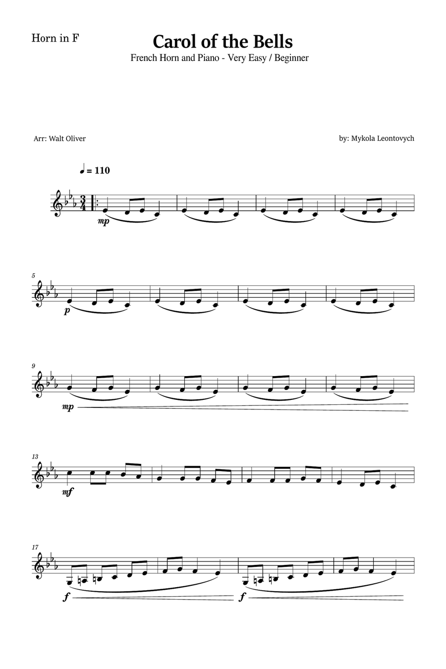 Carol of the Bells for French Horn and Piano (Very Easy - Beginner) in F minor Piano scores gallery preview page 4
