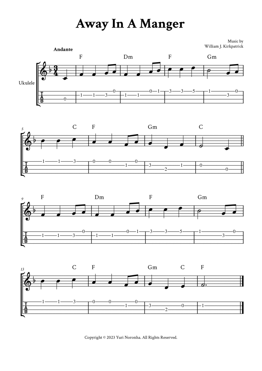 Away In A Manger - For Ukulele (F Major - with TAB and Chords) Ukulele scores gallery preview page 1