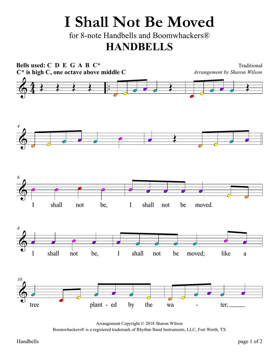 I Shall Not Be Moved (for 8-note Bells and Boomwhackers with Color Coded Notes) Handbell Choir scores gallery preview page 4