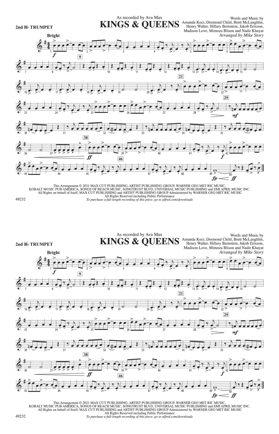 Kings & Queens: 2nd B-flat Trumpet Marching Band scores gallery preview page 1
