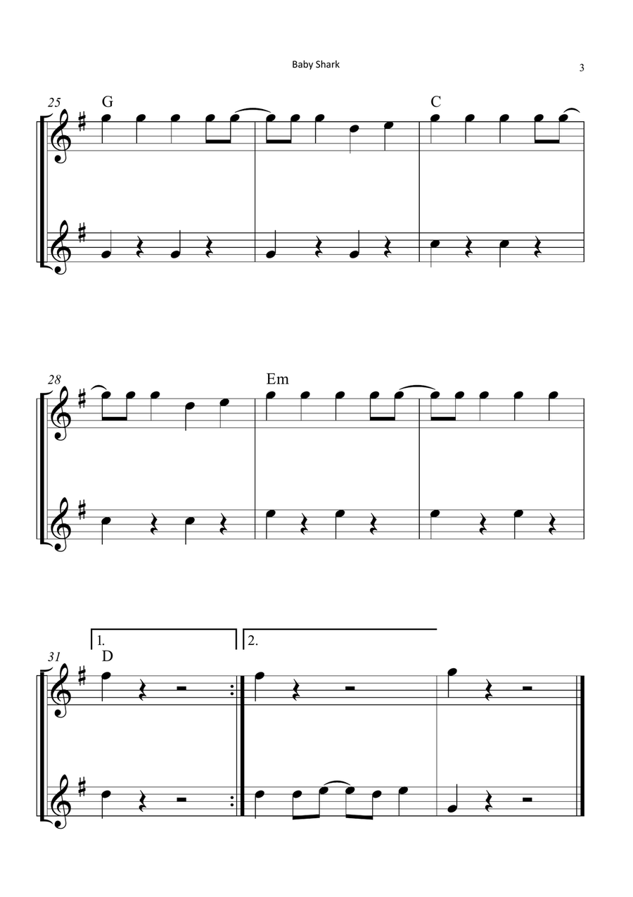 Baby Shark Flute Duet scores gallery preview page 3