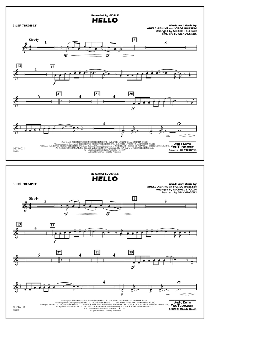Hello - 3rd Bb Trumpet Hello - 3rd Bb Trumpet Marching Band scores gallery preview page 1