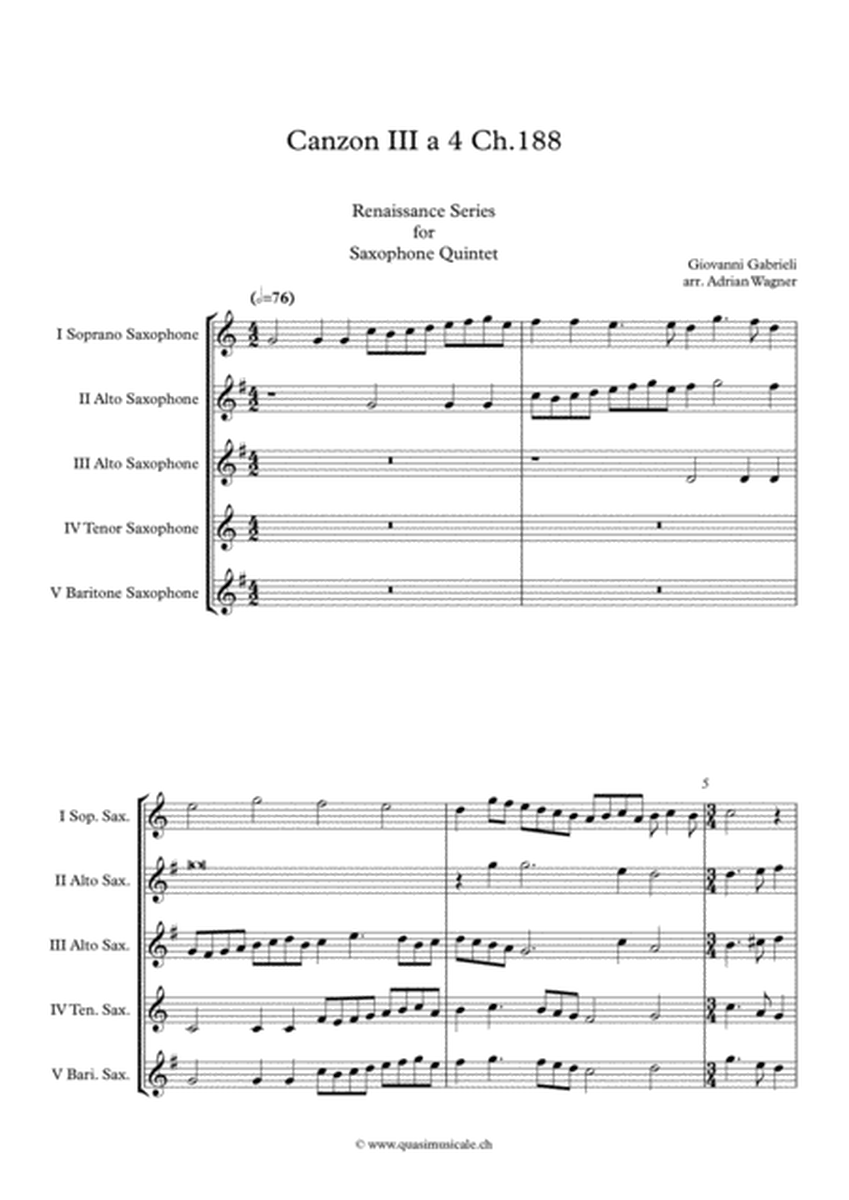 Canzon III a 4 Ch.188 (Giovanni Gabrieli) Saxophone Quintet arr. Adrian Wagner image number null