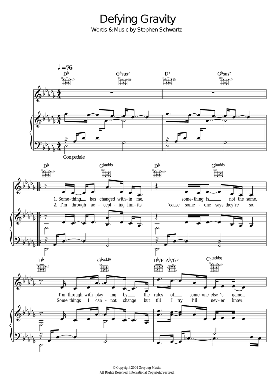 Defying Gravity (from Wicked) Piano, Vocal scores gallery preview page 1