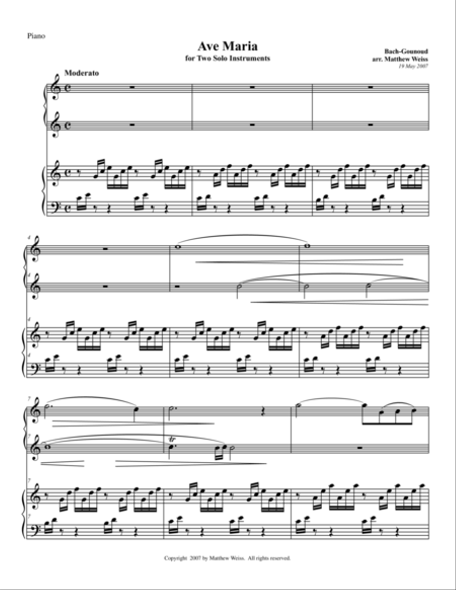 Ave Maria for Two Solo Instruments - Piano Score