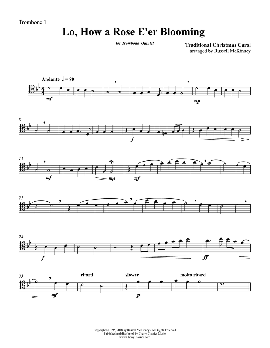 Traditional Christmas - Lo, How a Rose E'er Blooming for Trombone Quintet Small Ensemble scores gallery preview page 3