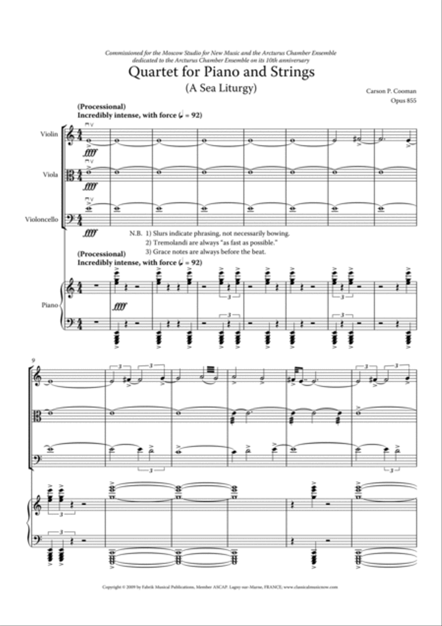 Carson Cooman : Quartet for Piano and Strings (A Sea Liturgy) (2009) for violin, viola, cello and pi Piano Quartet scores gallery preview page 3