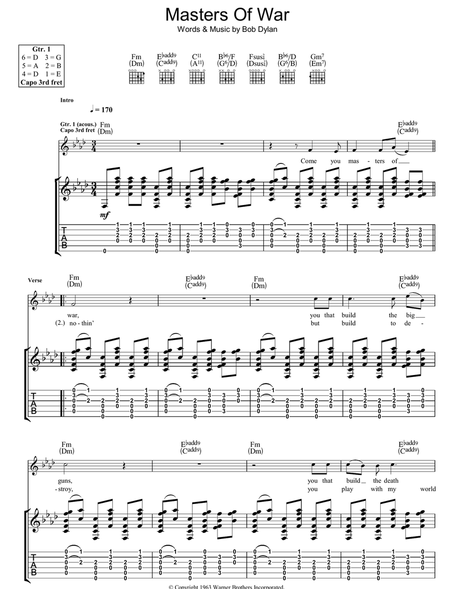 Masters Of War Acoustic Guitar scores gallery preview page 1