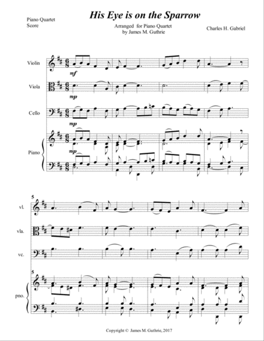 Gabriel: His Eye Is On The Sparrow for Piano Quartet Piano Quartet scores gallery preview page 1