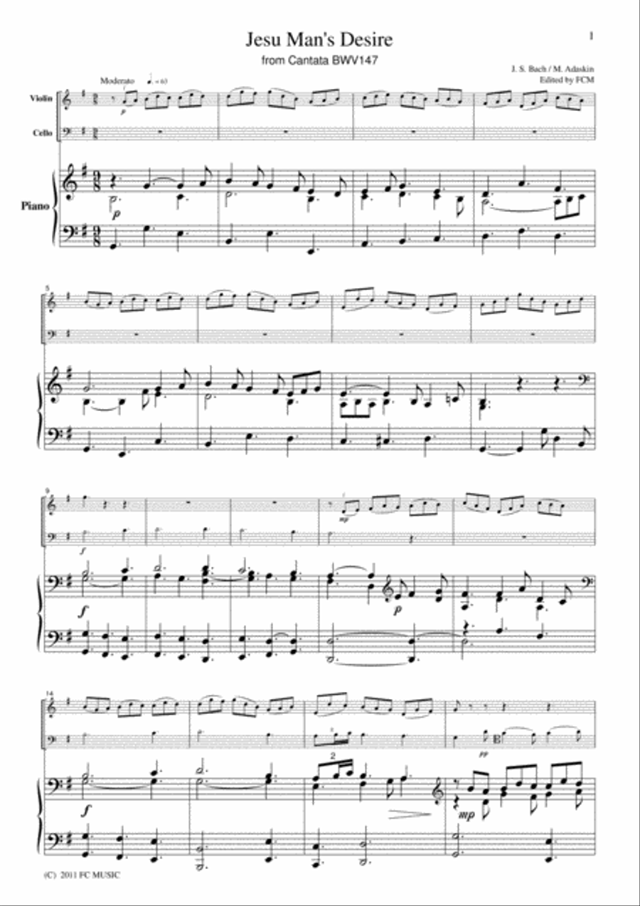 Bach Jesu, Joy of Man's Desire, BWV147, for piano trio, PB003 Piano Trio scores gallery preview page 3