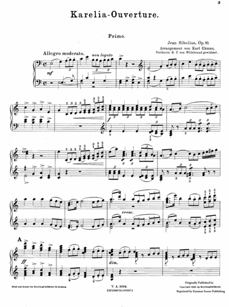 Karelia-Ouverture. Op. 10. Fur Pianoforte zu 4 Handen bearbeitet von Karl Ekman