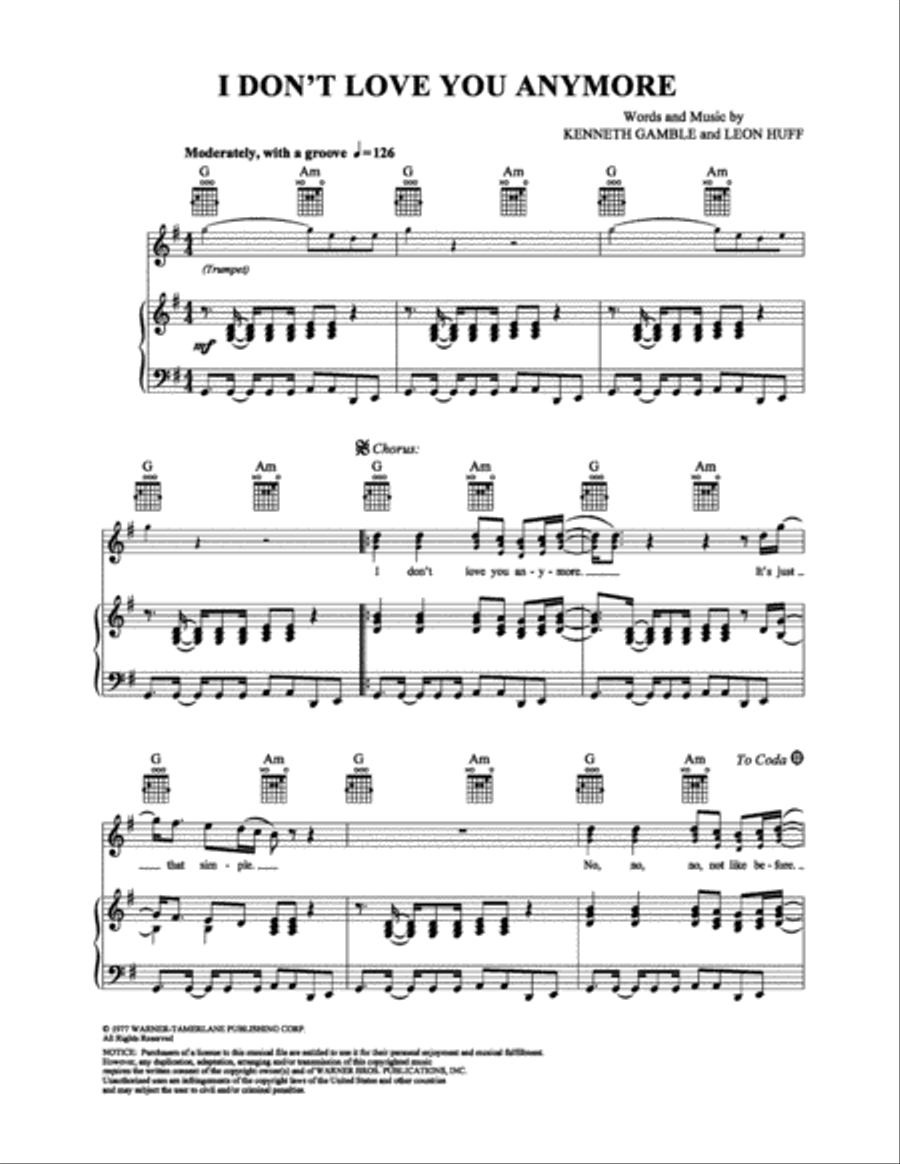 I Don't Love You Anymore Piano, Vocal, Guitar scores gallery preview page 1