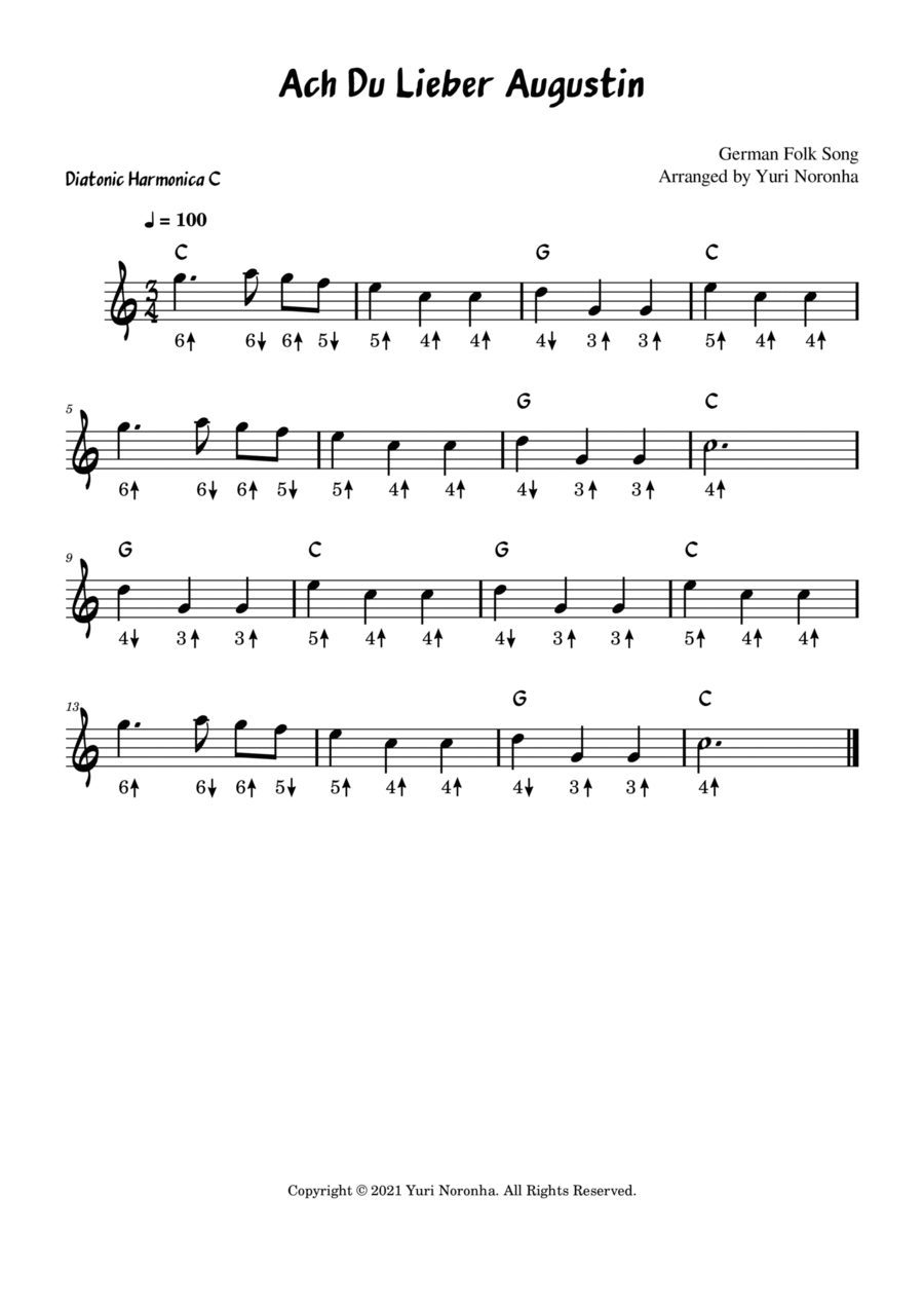 Ach Du Lieber Augustin - Harmonica key C (Very easy German Folk Song) Harmonica scores gallery preview page 1