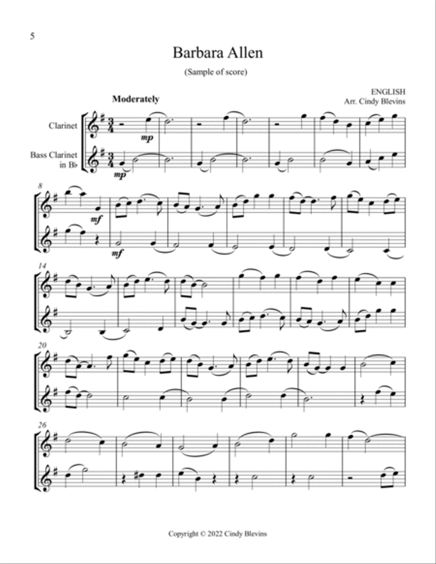 12 Favorite Folk Songs, Bb Clarinet and Bb Bass Clarinet Duets Clarinet Duet scores gallery preview page 2