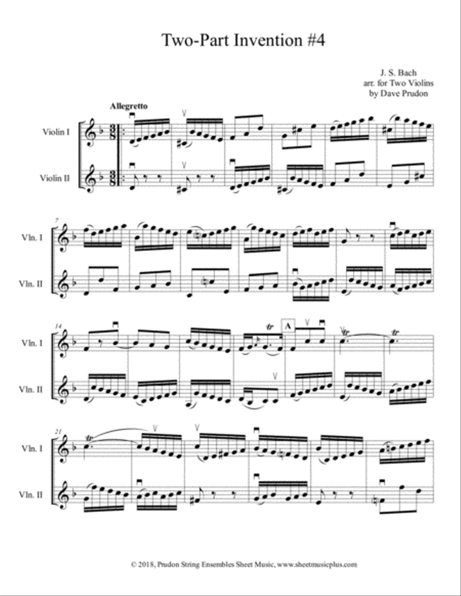 Bach 2-Part Invention #4 for Two Violins String Duet scores gallery preview page 1