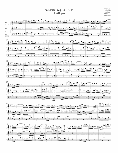Trio sonata for flute, violin and continuo, Wq. 143, H. 567 (Arrangement for 3 recorders)