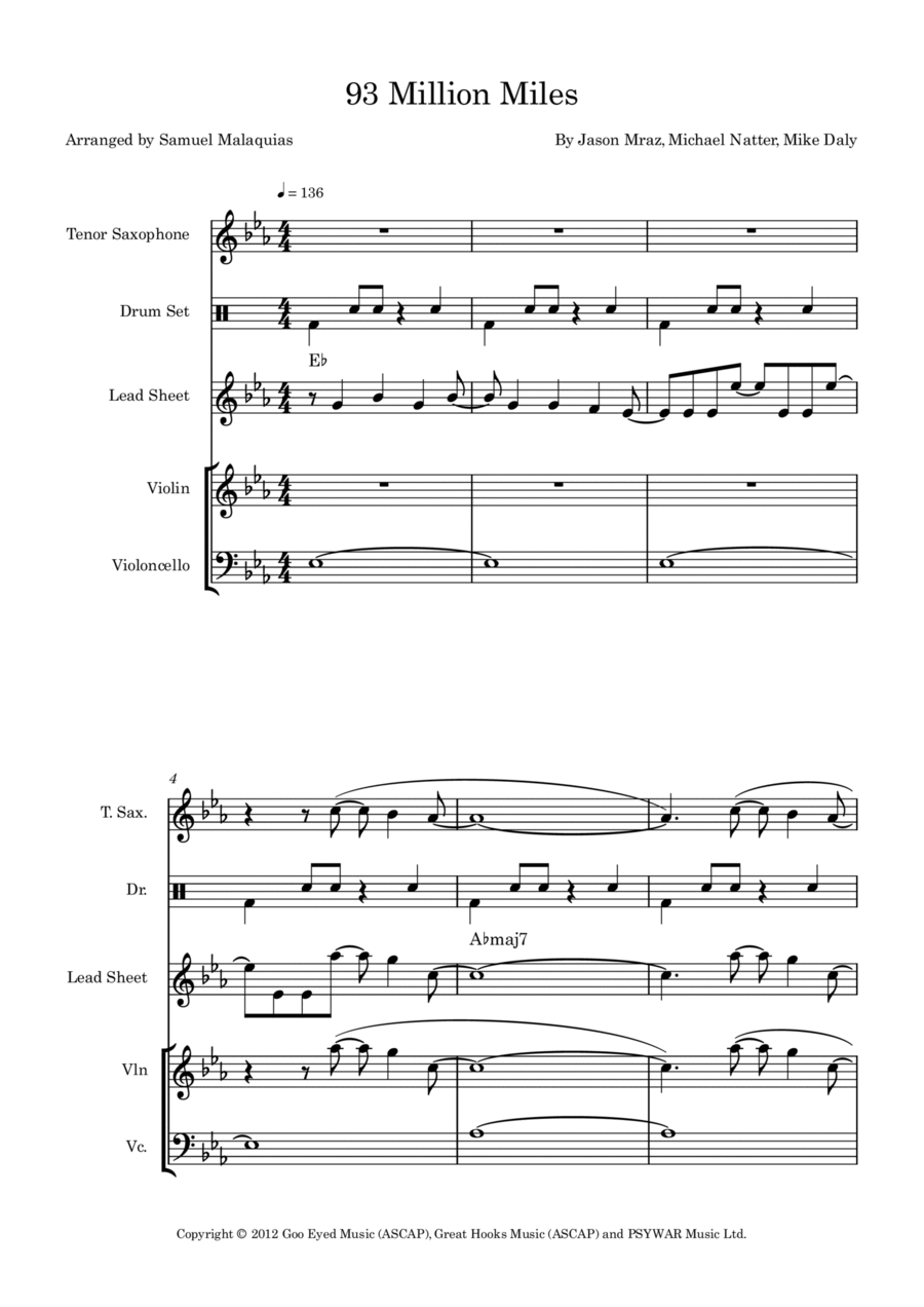 93 Million Miles Tenor Saxophone scores gallery preview page 1