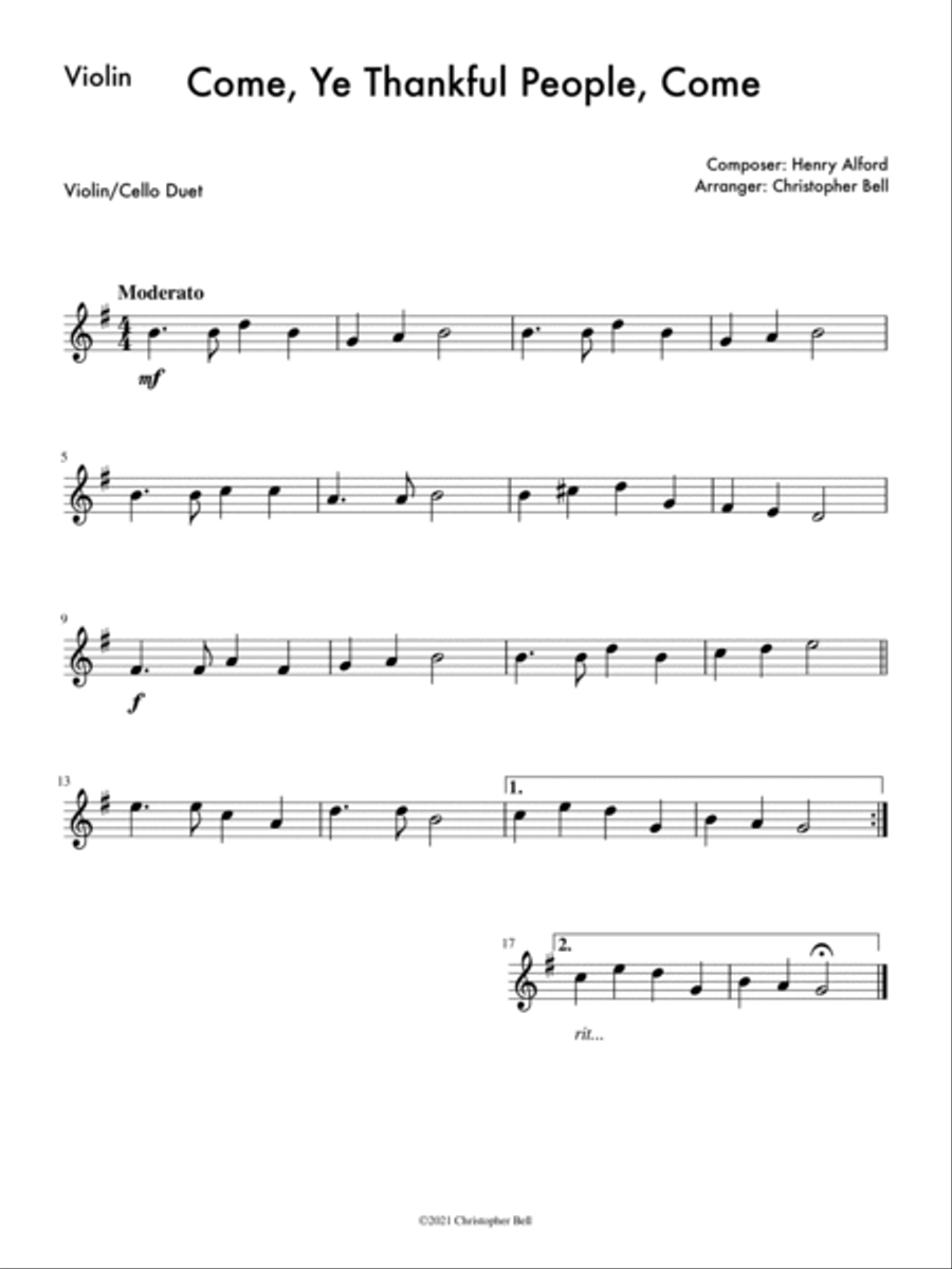 Come, Ye Thankful People, Come - Violin/Cello Duet String Duet scores gallery preview page 2