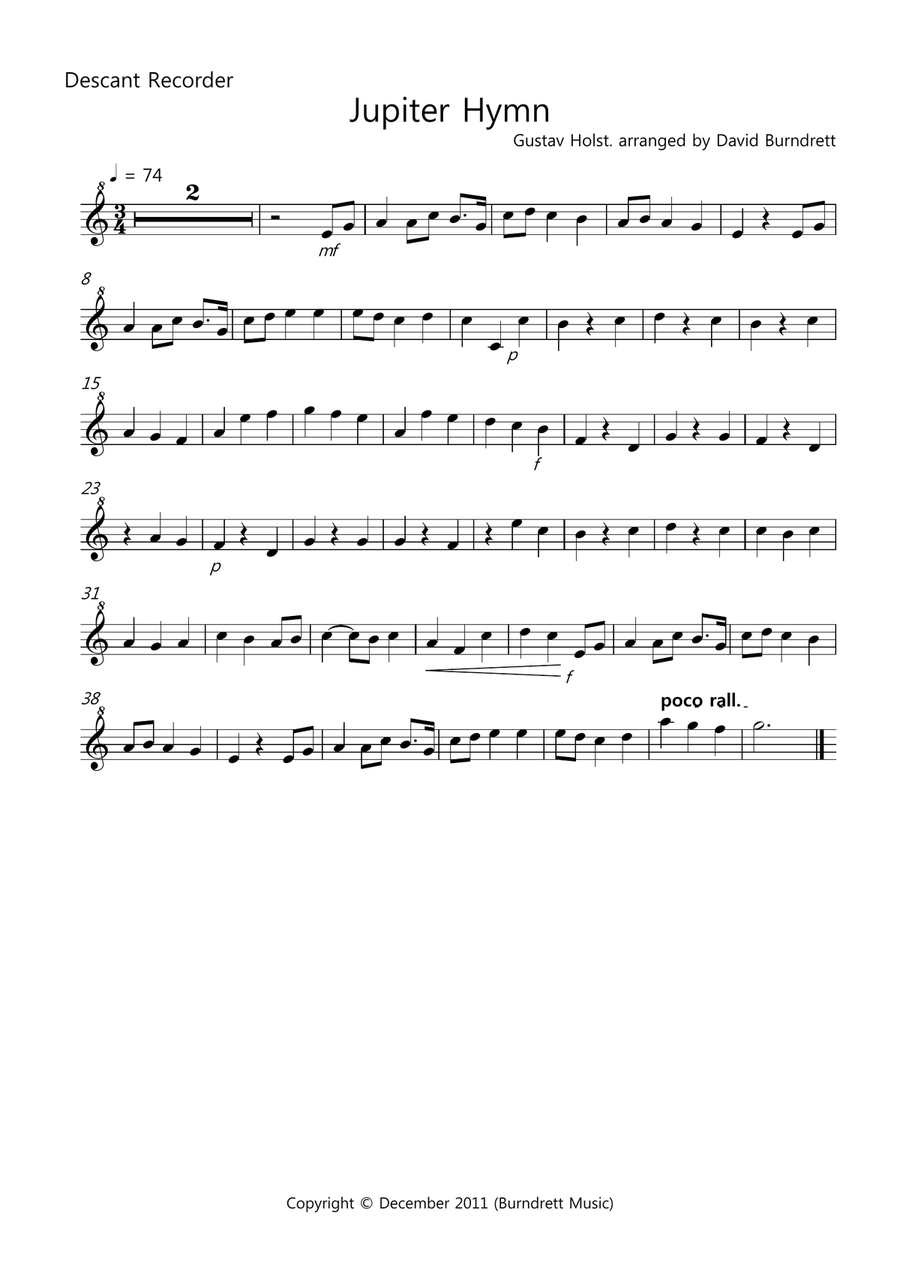 Jupiter Hymn for Recorder Quartet Recorder scores gallery preview page 3