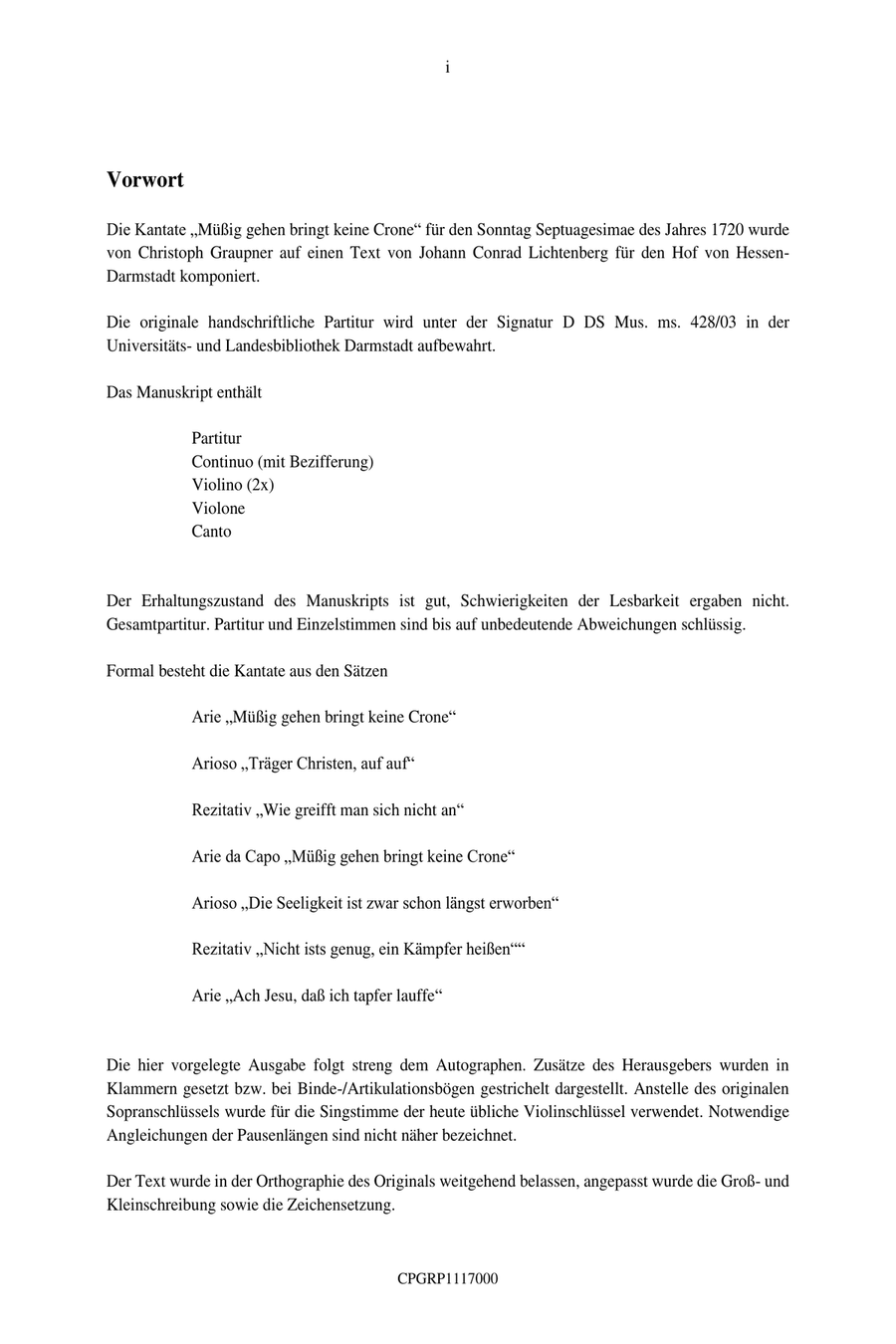 Graupner Christoph Cantata Müßig gehn bringt keine Crone GWV 1117/20 Small Ensemble scores gallery preview page 3