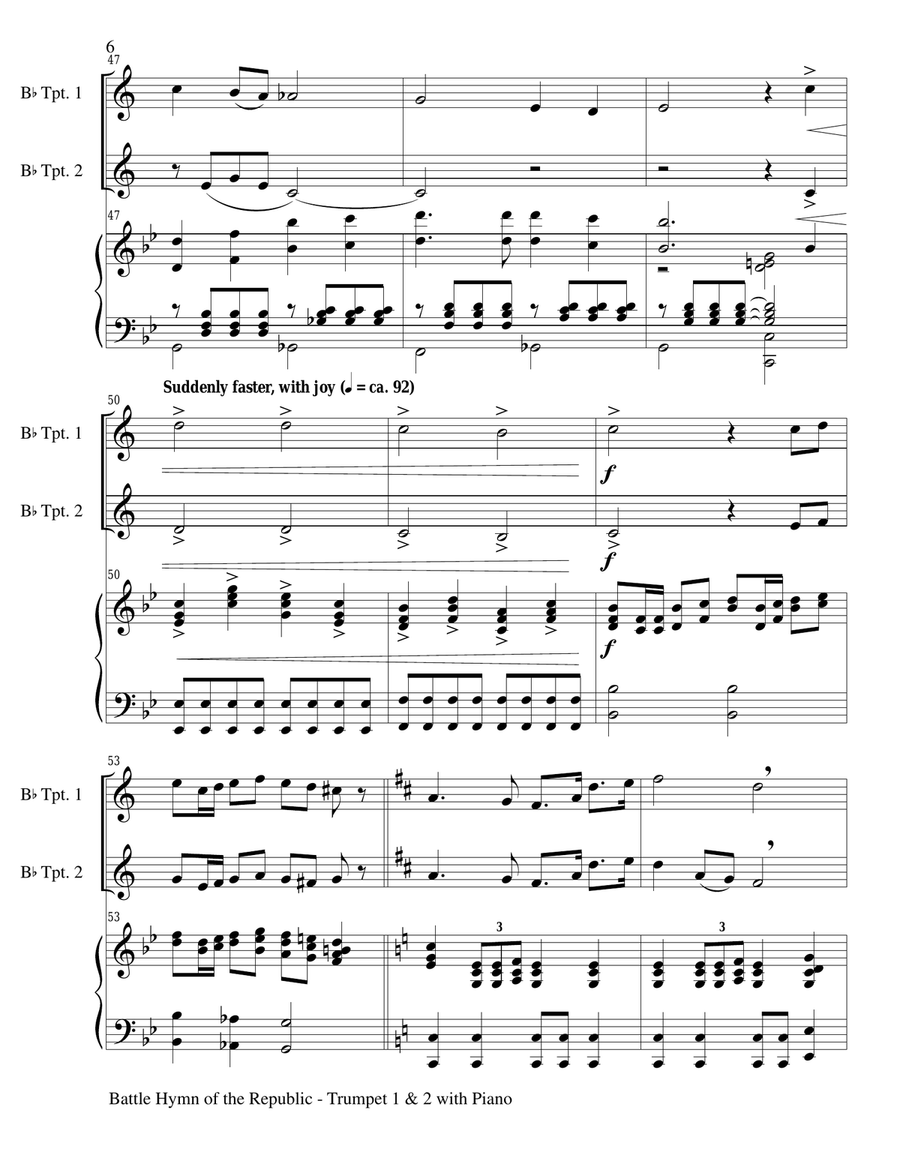 BATTLE HYMN OF THE REPUBLIC (Trio– Bb Trumpet1, Bb Trumpet 2 with Piano/Score and Parts) Trumpet Duet scores gallery preview page 6