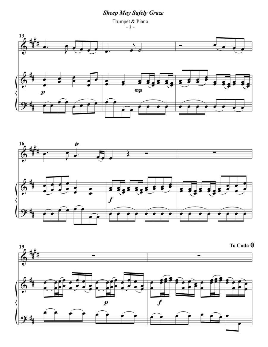Bach: Sheep May Safely Graze for Trumpet & Piano B-Flat Trumpet scores gallery preview page 3