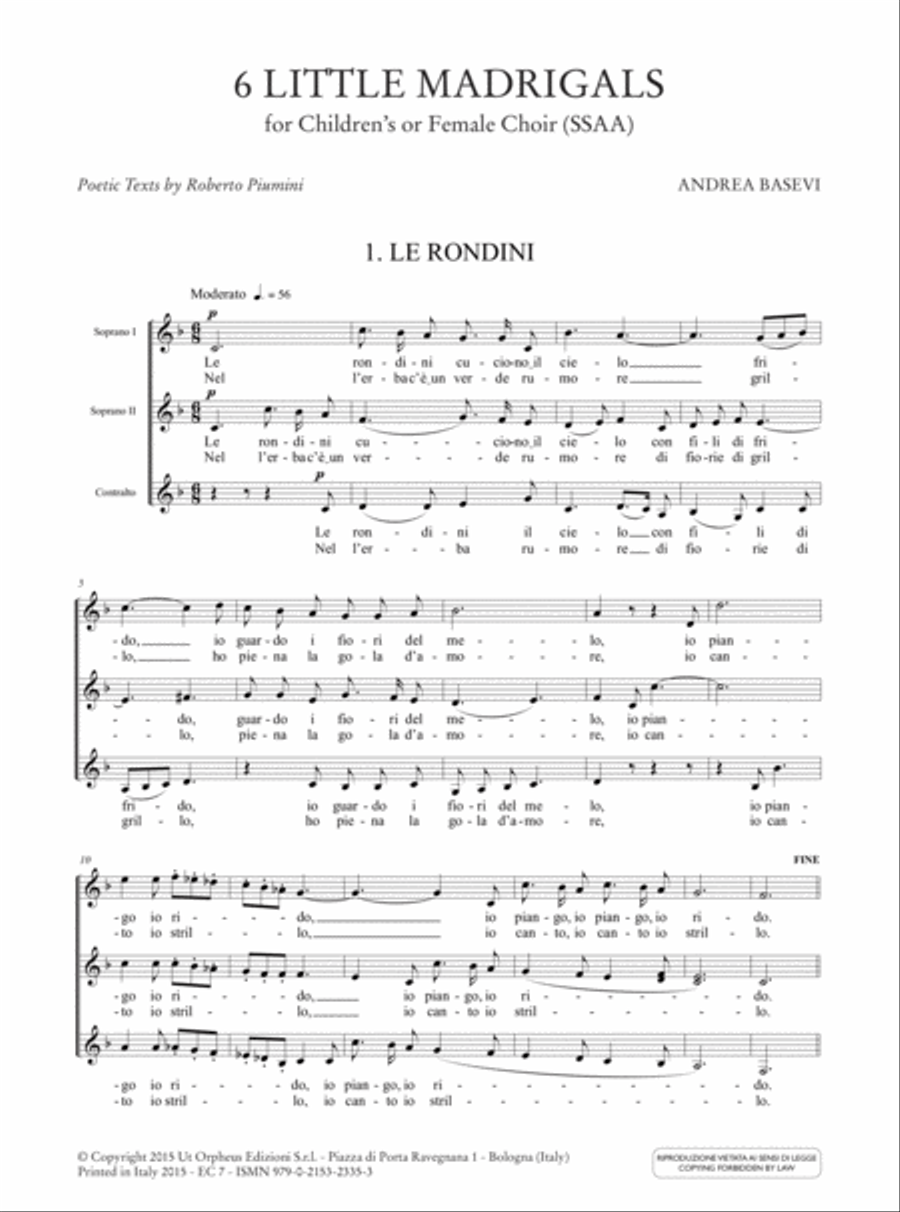 6 Little Madrigals for Children’s or Female Choir (SSAA). Poetic Texts by Roberto Piumini SSAA scores gallery preview page 2