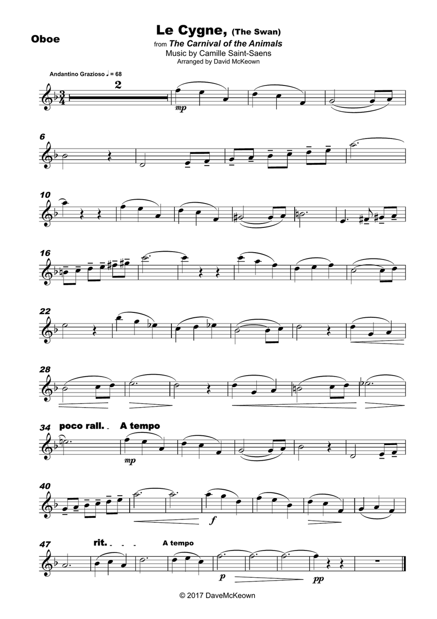 The Swan, (Le Cygne), by Saint-Saens, for Oboe and Piano Piano scores gallery preview page 2
