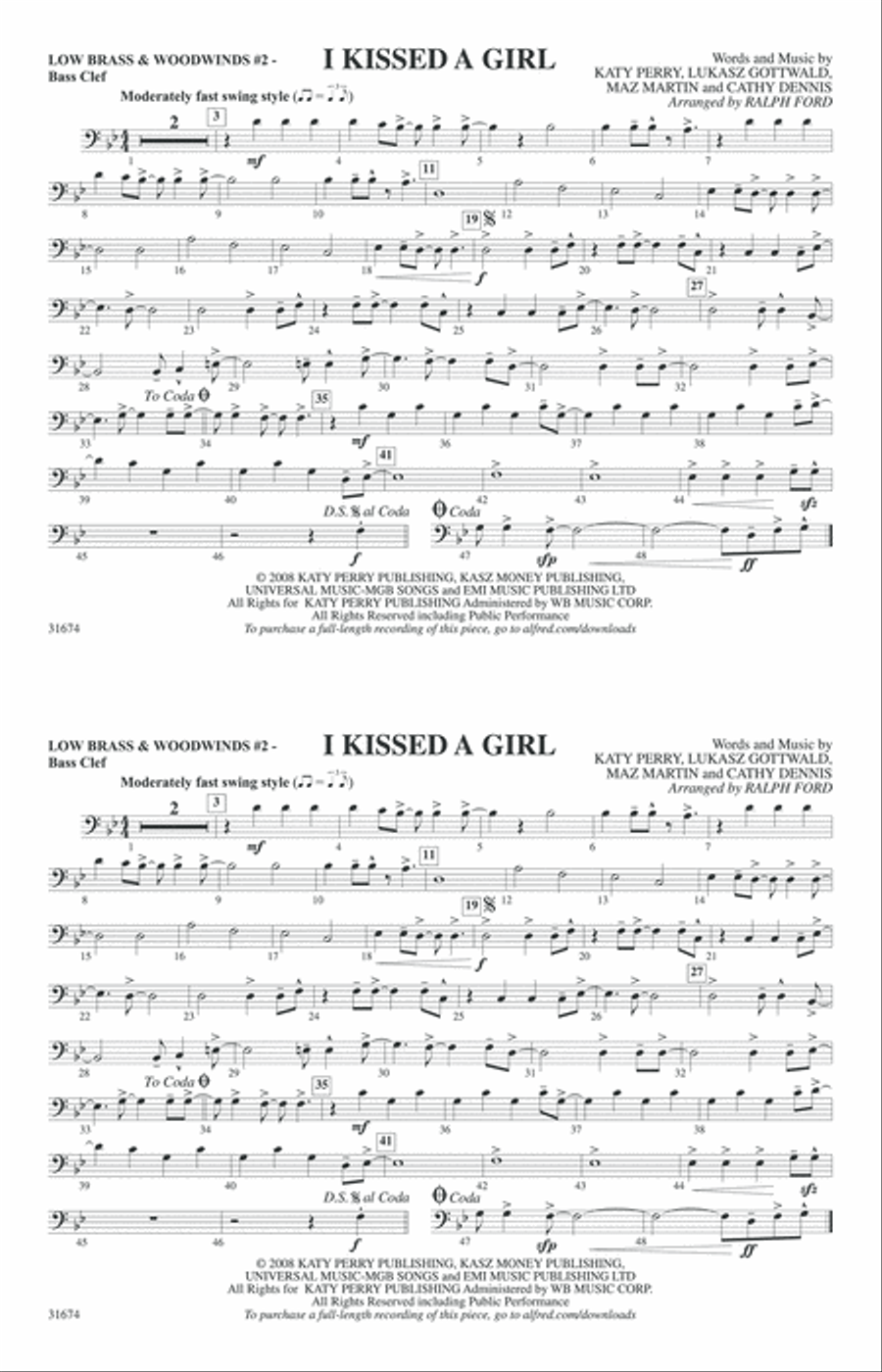 I Kissed a Girl: Low Brass & Woodwinds #2 - Bass Clef Marching Band scores gallery preview page 1