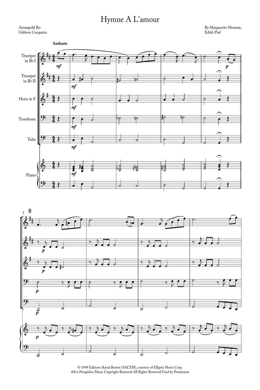 Hymne A L'amour Brass Quintet scores gallery preview page 1