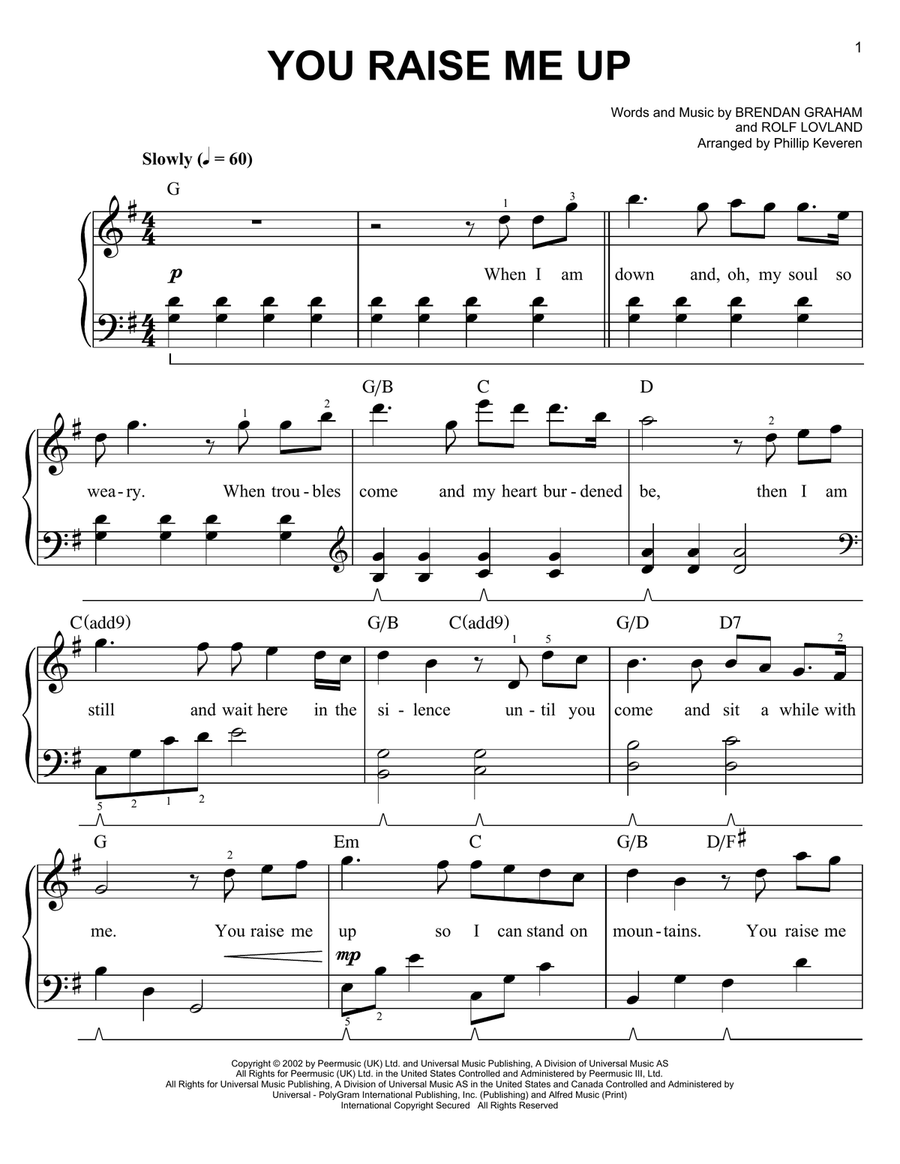 You Raise Me Up (arr. Phillip Keveren) Easy Piano scores gallery preview page 1