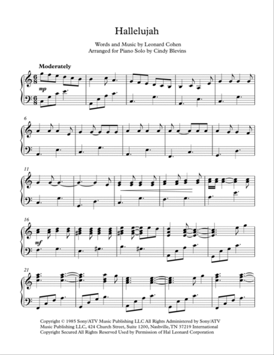 Hallelujah Piano Solo scores gallery preview page 2