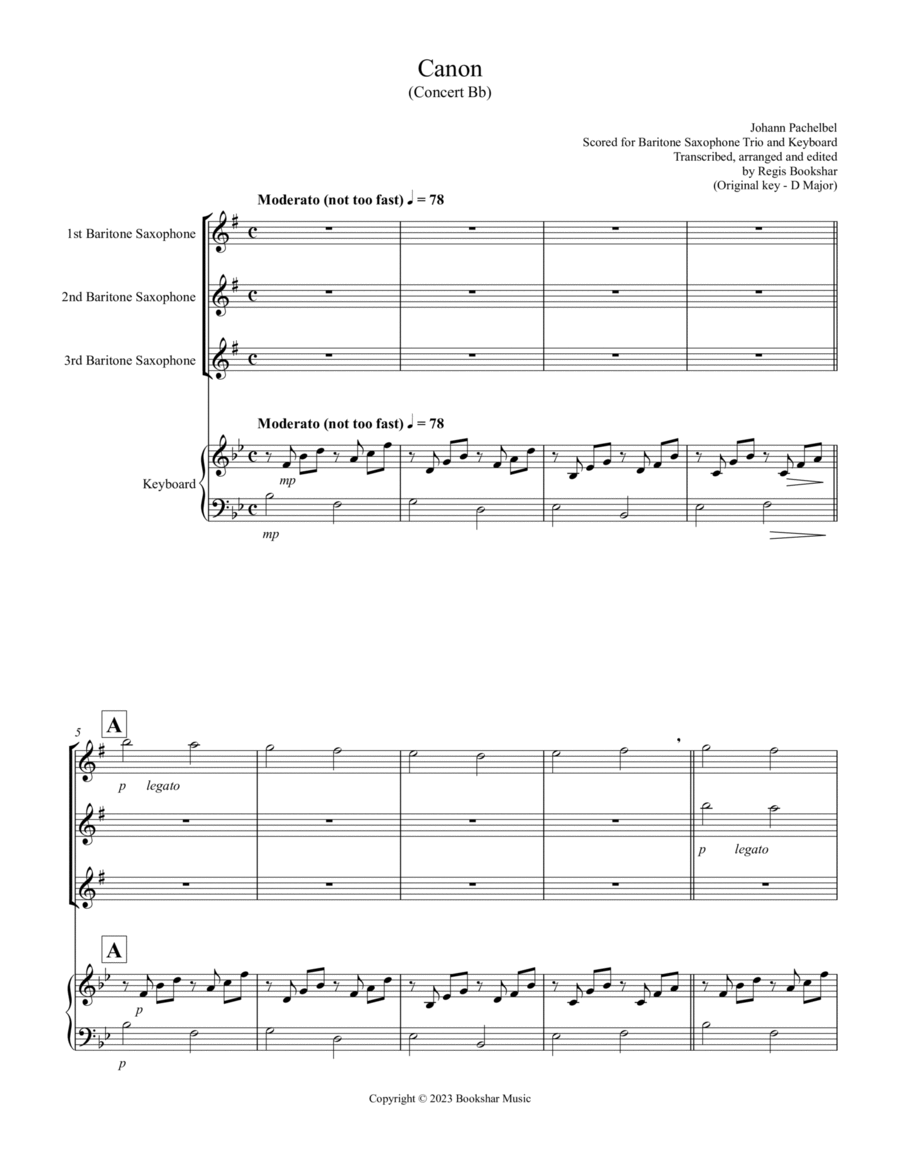 Canon (Pachelbel) (Bb) (Baritone Saxophone Trio, Keyboard) Chamber Music scores gallery preview page 1