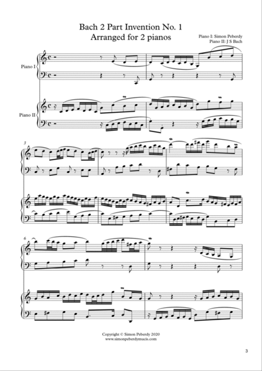 Bach 2 Part Inventions for 2 pianos, 4 hands (all 15), additional piano part by Simon Peberdy image number null