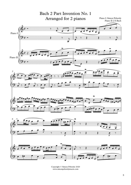 Bach 2 Part Inventions for 2 pianos, 4 hands (all 15), additional piano part by Simon Peberdy
