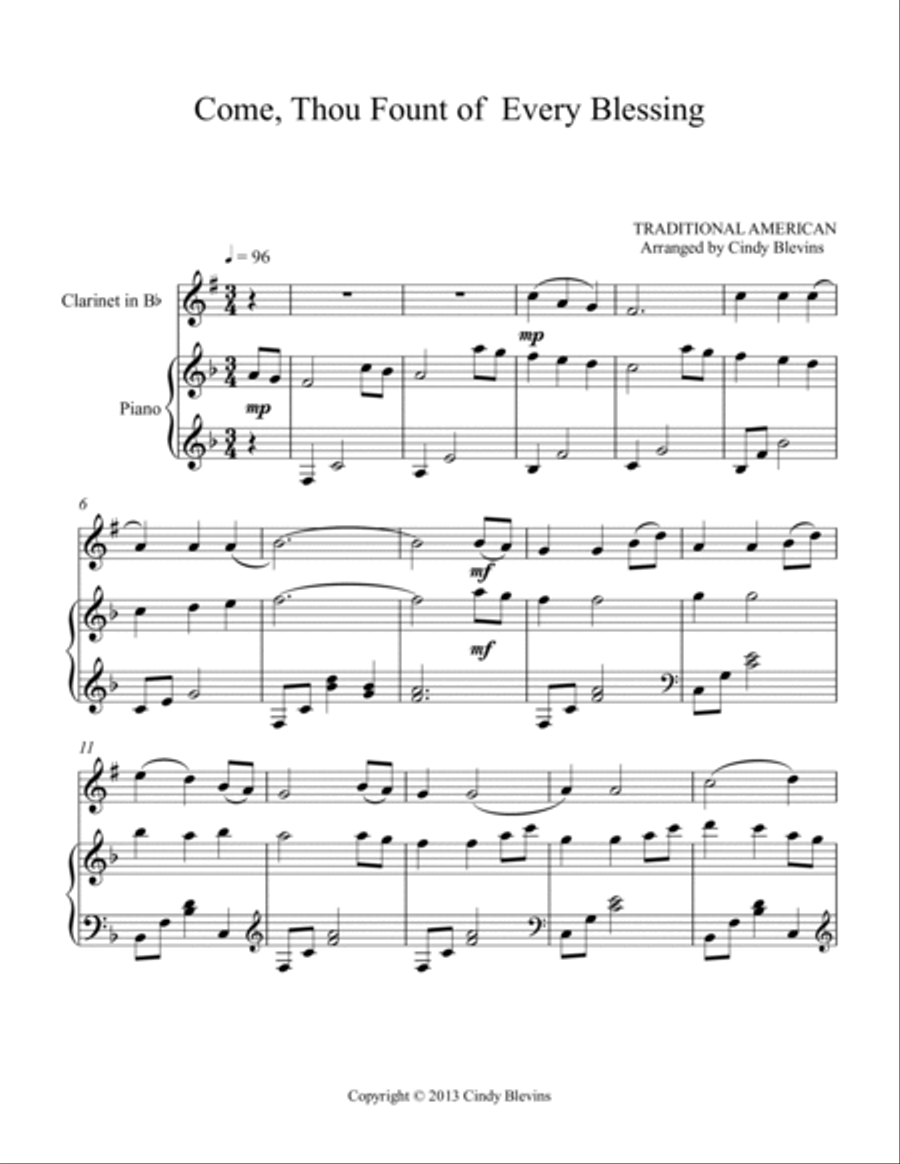 Come, Thou Fount of Every Blessing, for Piano and Clarinet Woodwind Duet scores gallery preview page 2