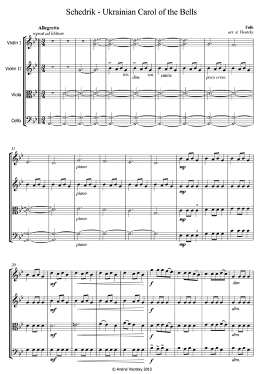 Carol of the Bells - Shchedryk String Quartet scores gallery preview page 2