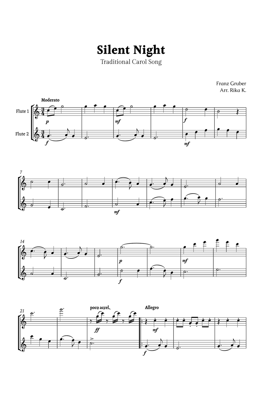 Silent Night for Flute Duet Flute Duet scores gallery preview page 1