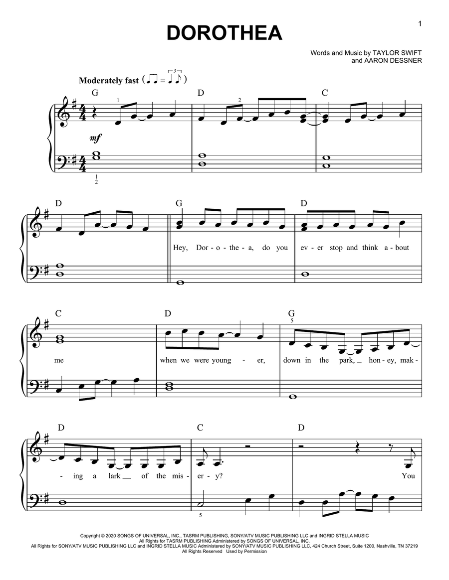 dorothea Easy Piano scores gallery preview page 1