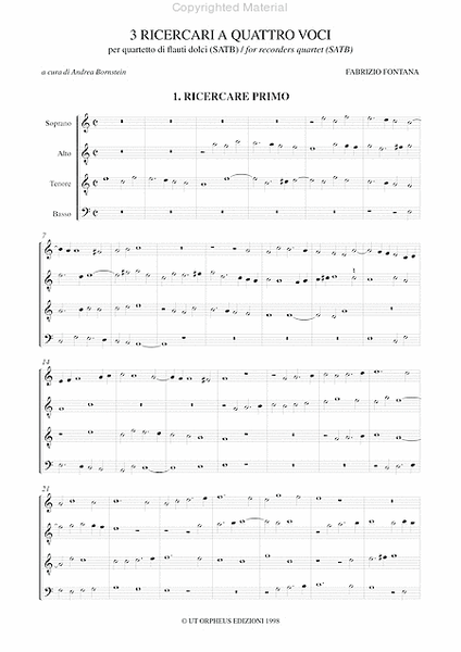 3 four-part Ricercares (Roma 1677) for Recorder Quartet (SATB)