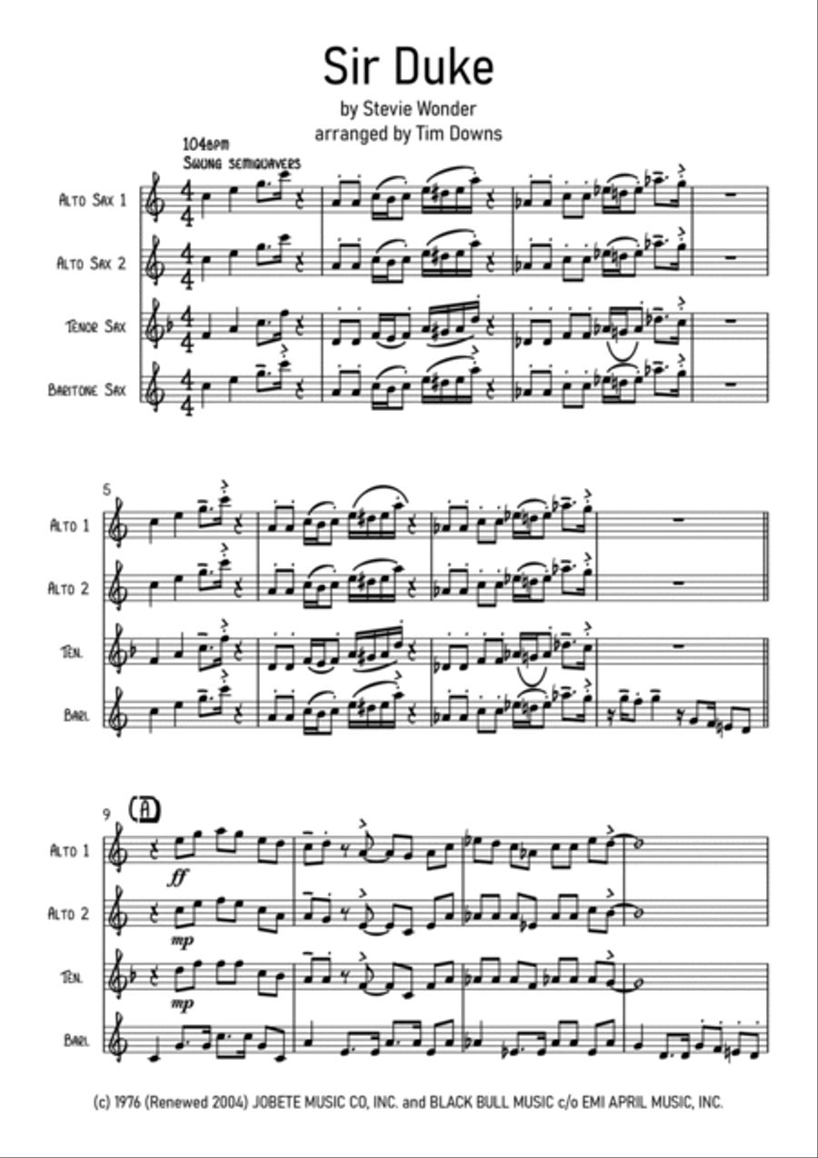 Sir Duke Saxophone Quartet scores gallery preview page 2