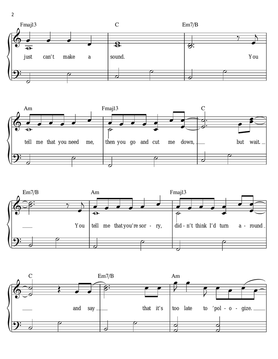 Apologize Apologize Easy Piano scores gallery preview page 2