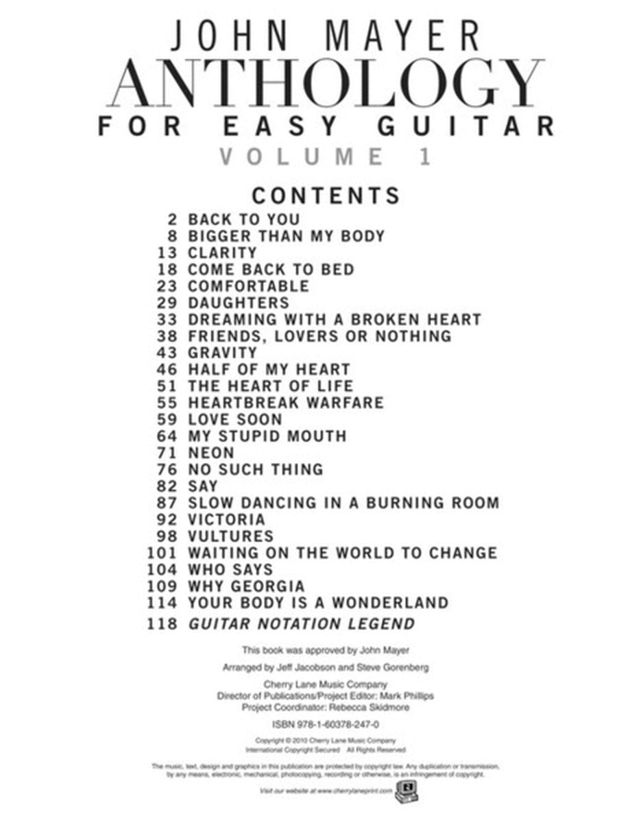 John Mayer Anthology for Easy Guitar – Volume 1
