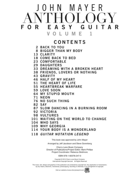 John Mayer Anthology for Easy Guitar – Volume 1